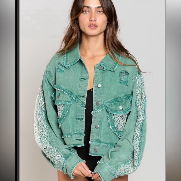 POL Jackets & Blazers - POL Sequin Lace Cropped Denim Jacket